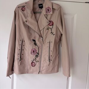 XOXO Embroidered Moto Jacket, Faux Leather, Size Large